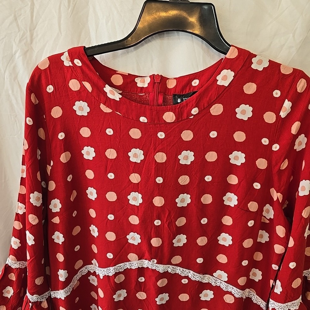 Red Polka Dot Midi Dress with Lace Trim - Picture 6 of 16